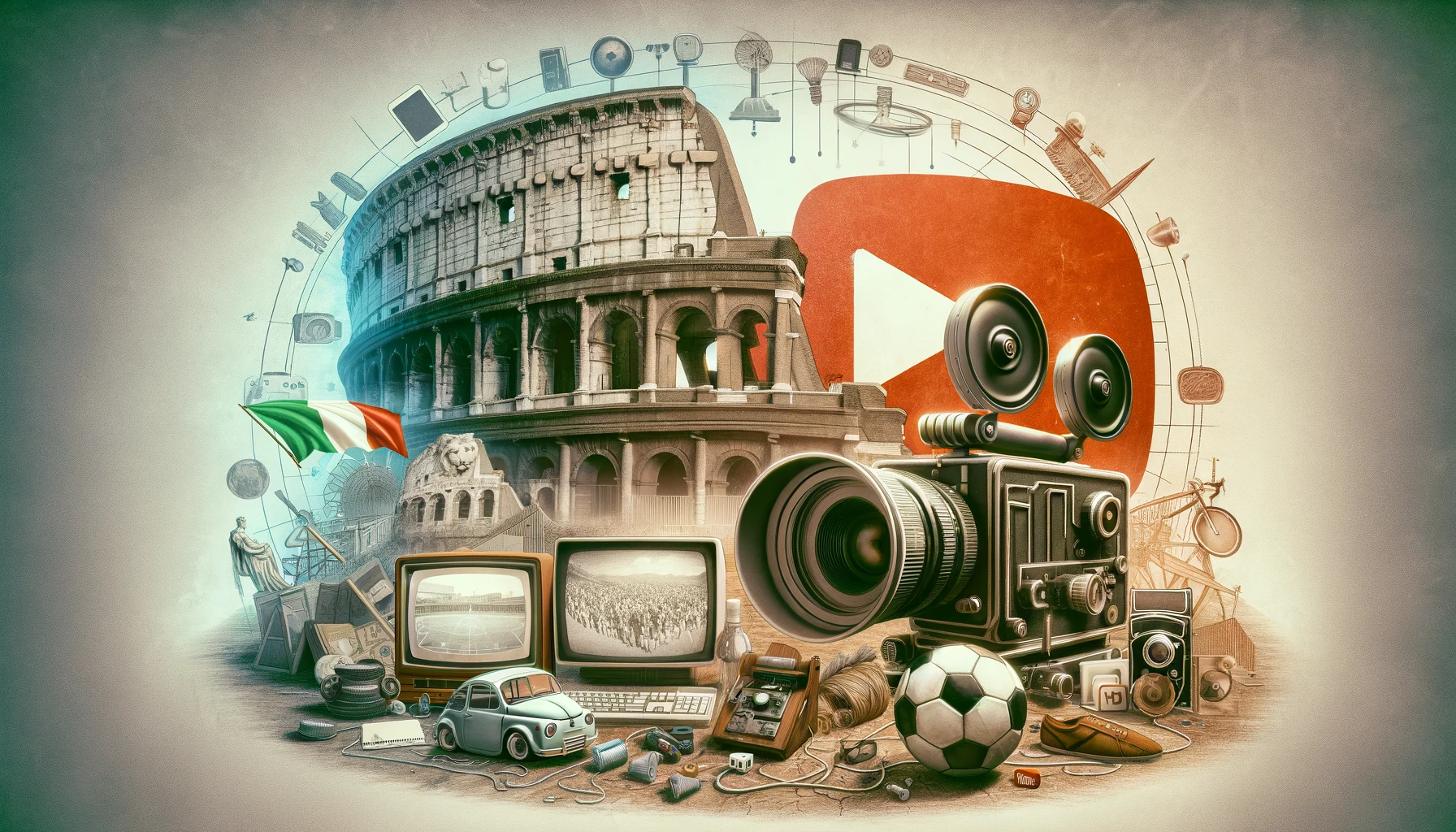 Collage che rappresenta l'evoluzione culturale e digitale italiana con il Colosseo, una videocamera vintage, un computer classico, iconografia di YouTube e un pallone da calcio, simboli dell'ascesa del primo YouTuber italiano